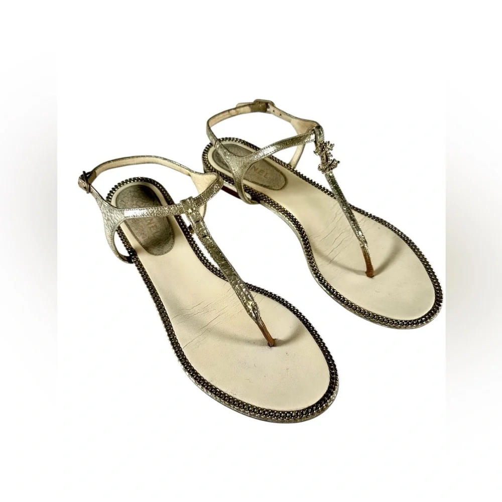 CHANEL Metallic Gold Thong T-Strap Sandals Made in Italy